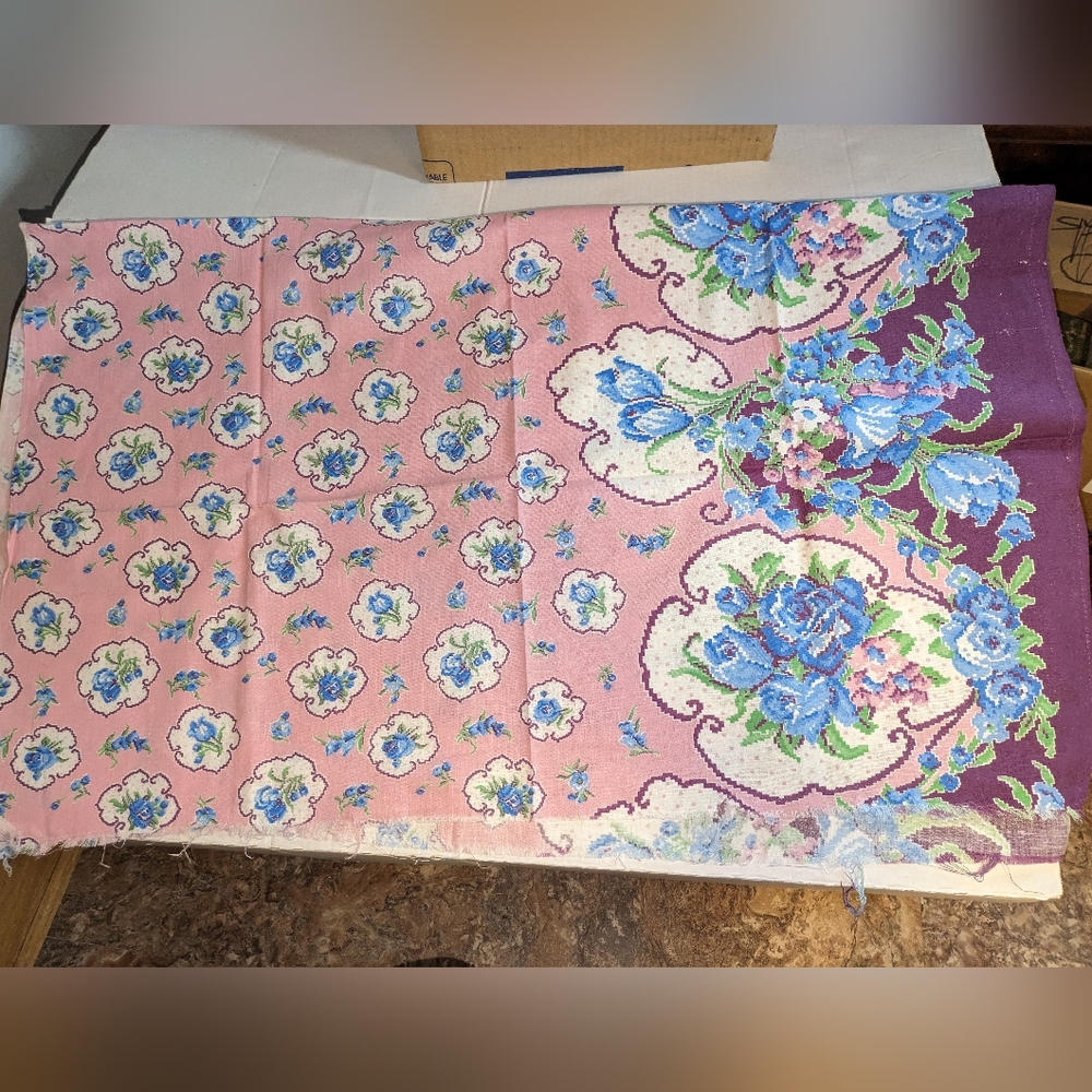 Vintage cotton cut feed sack approx 45 x36 beautiful border  blue burgundy pink